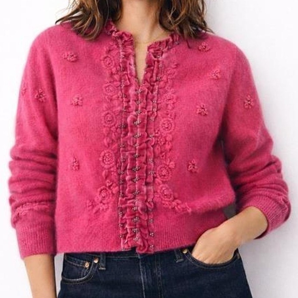 Coquette Vtg Femme Cabi Pink Embroidered Velvet Trim Angora Wool Cardigan Sz XS